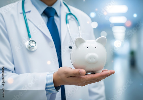 A doctor in a white coat holding a piggy bank in a blurred hospital hallway symbolizing medical cost savings