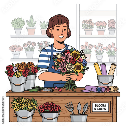 A florist in an apron holds a colorful bouquet at a shop counter