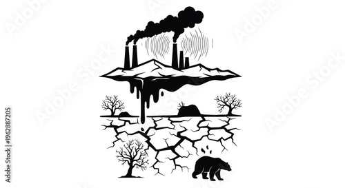 Industrial pollution devastates a barren landscape showing environmental damage and wildlife impact