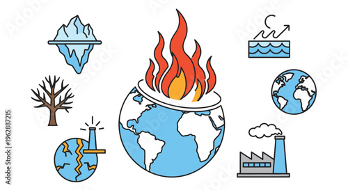 Illustrative depiction of global warming impacts melting ice fires and pollution