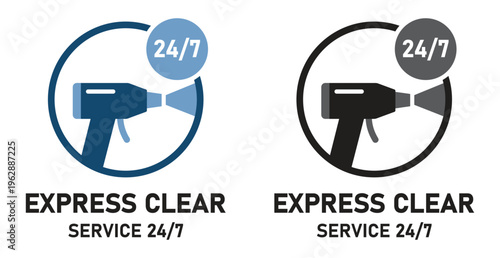 Express Clear 247 Service Logo with Spray Gun Icon for Professional Cleaning Disinfection and Industrial Maintenance Branding