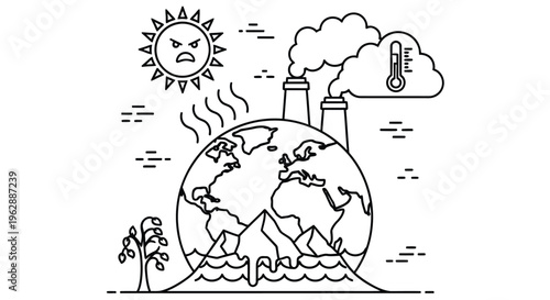 Global warming illustration depicting pollution rising temperatures and environmental impact