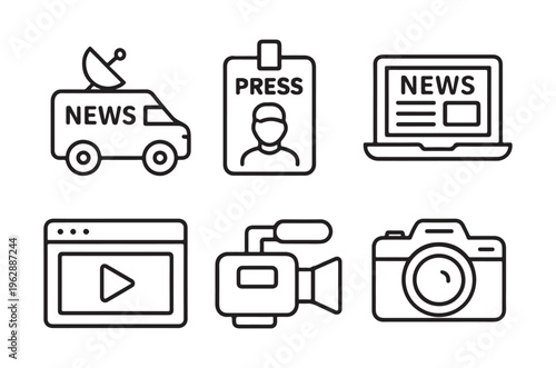 Line art icons representing various forms of modern media and journalism