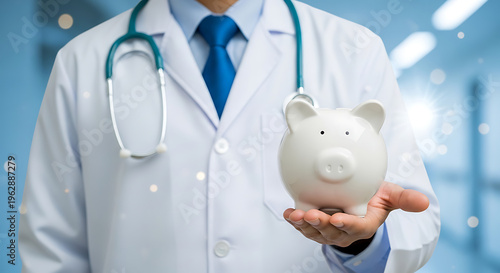 A doctor in a white coat holding a piggy bank in a blurred hospital hallway symbolizing medical cost savings