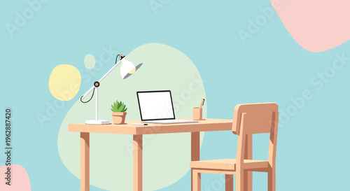 Wooden Desk with Laptop and Chair.