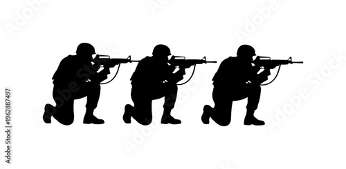 Three Soldiers Knee Shooting Silhouettes Vector