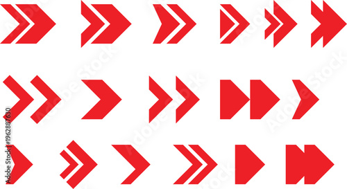 Set of red double arrow and chevron vector icons isolated on white background