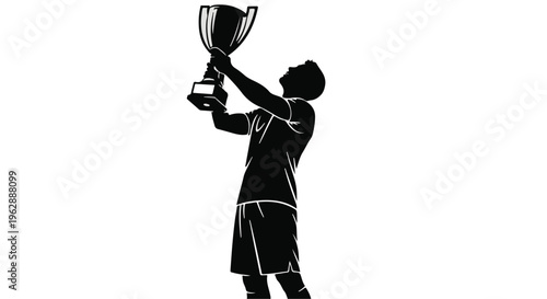 Athlete silhouette raises a large championship trophy overhead in triumph after achieving a significant victory.