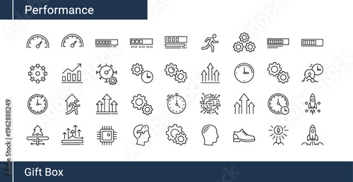 Performance Icon Set featuring Speed, Efficiency, Technology, Data Analysis, Growth, Progress, Time Management, Optimization, Rocket Launch, and Strategy Business Vector Illustrations