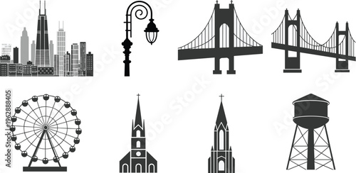 City skyline and landmark icons set, bridges ferris wheel church water tower silhouettes, urban architecture vector illustration collection