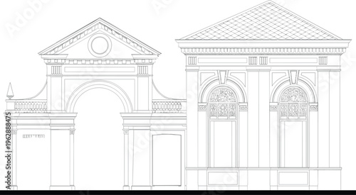 Classical architectural facade drawing, neoclassical arch and pavilion elevation, ornamental historic building design, detailed line art illustration