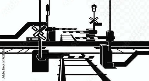 Black and white graphic depicts an operational railway crossing with barriers down and signal lights illuminated.