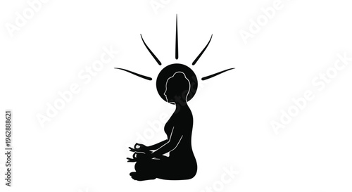 A dark silhouette of a person sitting cross-legged in a meditative pose displays radiating lines resembling sunlight above their head.