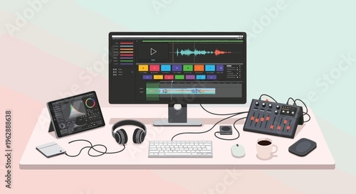 Computer workstation with audio equipment.