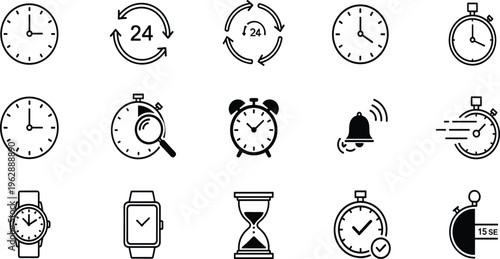 Time and Clock Icon Set, Vector Line Art of Stopwatch, Alarm, Hourglass, Wristwatch, 24 Hours Service, Countdown, and Schedule Symbols