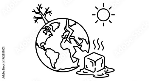 Global warming illustration depicting a melting ice cube and cracked earth