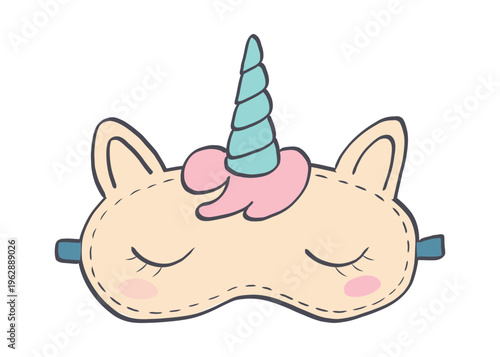 Unicorn sleep mask hand drawn animal illustration, pink bow and pastel horn for pajama party, slumber party and sleeping designs.
