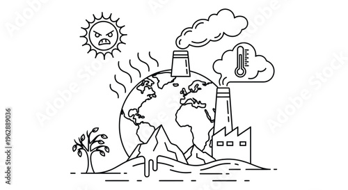 Global warming illustration depicting pollution rising temperatures and environmental damage