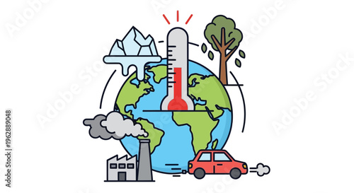 Global warming illustration depicting a thermometer on earth with pollution sources