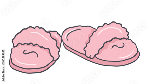 Pink slippers with fluffy trim, hand drawn doodle illustration for pajama party, slumber party and cozy home decor designs.