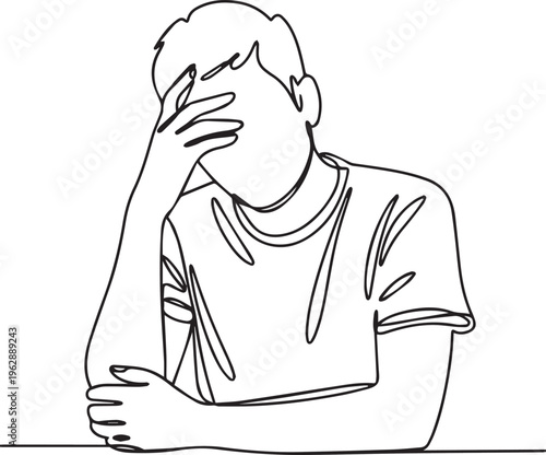 Depressed Man Covering Face with Hand Continuous Line Art - Minimalist Vector Illustration of Sadness, Headache, Stress, and Mental Health.