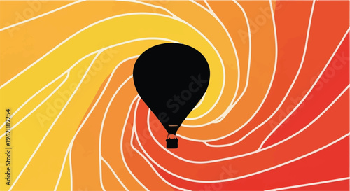Hot air balloon silhouette floats centrally against a vibrant, swirling background of orange and yellow gradient colors.