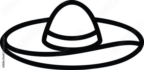 A black and white illustration of a traditional sombrero with a wide brim. Vector, illustration
