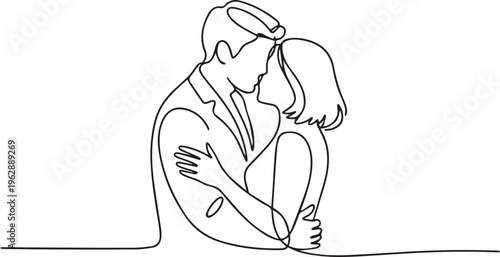 Continuous line drawing of a romantic couple embracing. Minimalist man and woman hugging for wedding or Valentine's day concept.