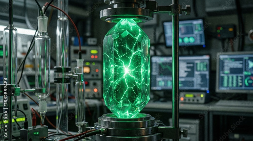 Obraz premium Futuristic scientific laboratory with a glowing green crystal specimen under examination
