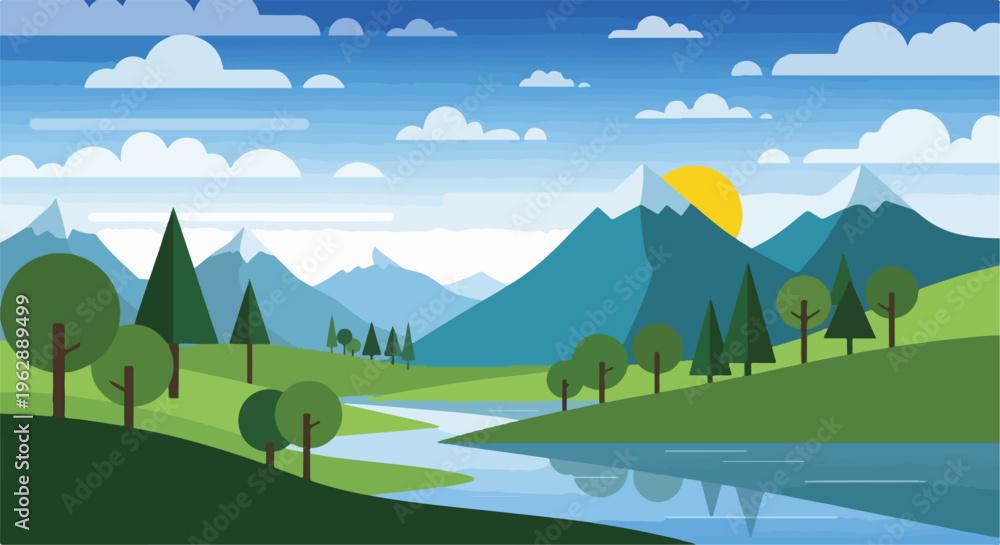 Fototapeta premium A geometric illustration of a landscape with mountains, trees, and river