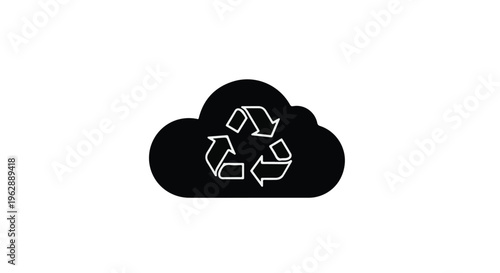 Cloud computing icon displays a white recycling symbol within a solid black cloud shape on a white backdrop.