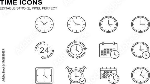 Time and Clock Icon Set with Vector Line Art of Analog Clocks, Alarm Clocks, Calendars, 24 Hours Service, and Scheduling Symbols