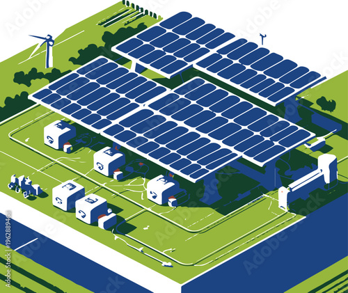  Isometric farm with solar panels and green energy concept, vector style 3