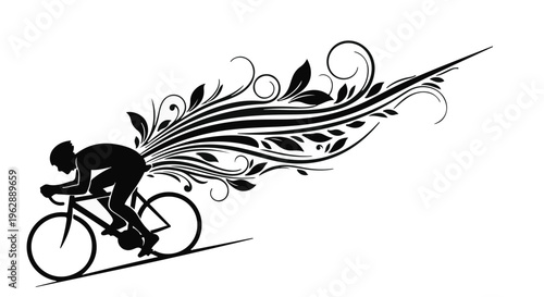 A cyclist silhouette rides aggressively uphill while decorative floral elements stream backward from the figure.