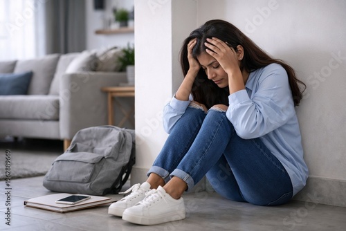 Sad young woman sitting on floor feeling stressed mental health concept
