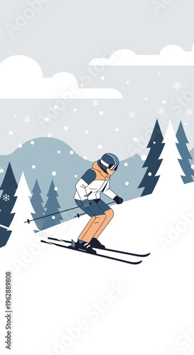 A person skiing down a snow-covered mountain slope surrounded by pine trees and falling snowflakes, depicting a winter sport adventure