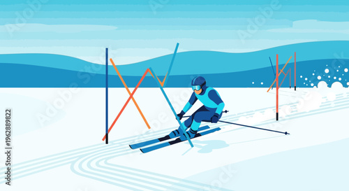 Skiing through slalom gates with a sense of speed and athletic skill, capturing the thrill of winter sports and competition