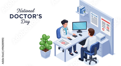Illustration of a doctor and patient in a consultation room on National Doctor's Day with a simple and informative design.