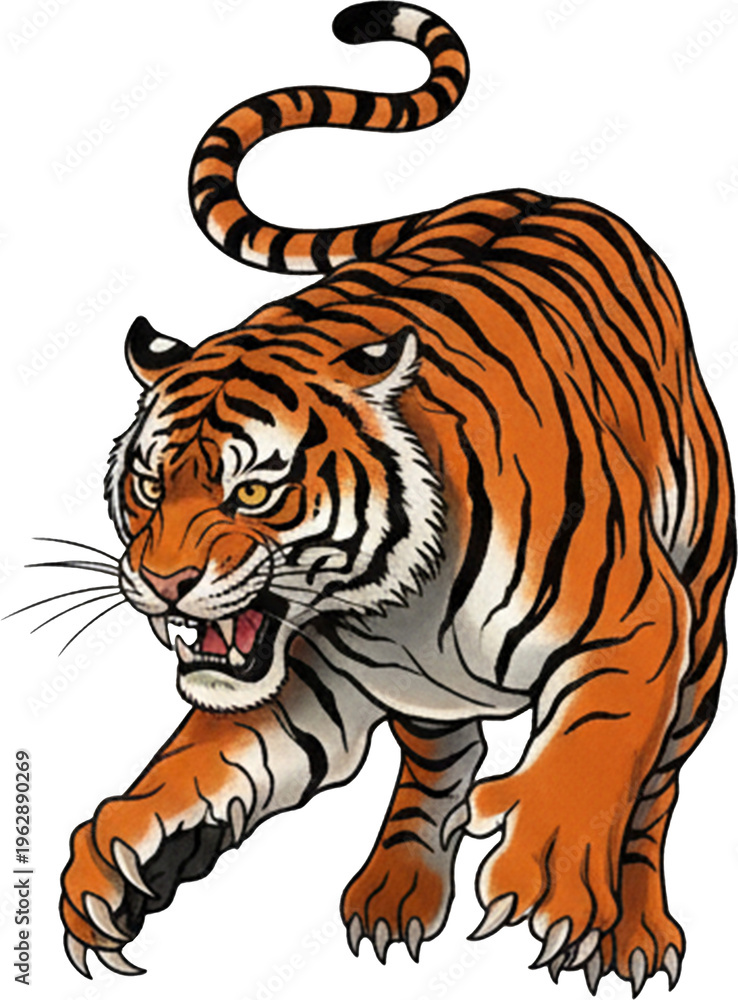 Obraz premium Powerful Bengal tiger illustration with bold orange black stripes.