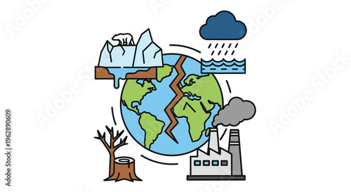 Illustration depicting environmental issues deforestation pollution and climate change impacts