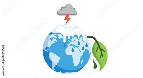 A melting globe impacted by a thunderstorm symbolizing climate change effects