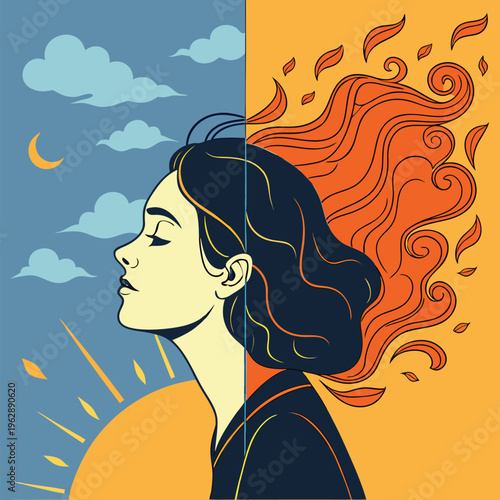 A mystical woman with fiery hair gazing toward a moonlit sky filled with celestial wonders and cosmic energy