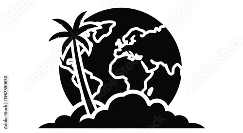 Tropical island scene featuring a palm tree silhouetted against a world globe