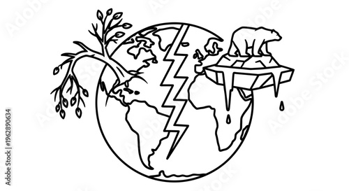 A stark illustration depicting the effects of climate change on earth and wildlife