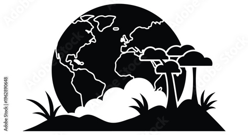 Stylized black and white illustration depicting earth with forest silhouette