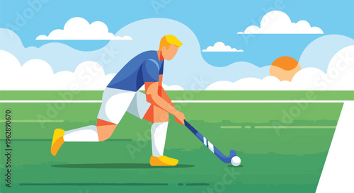 A field hockey player in action with a ball and a stick in a sports scene