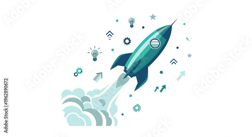 Rocket Launch Innovation Concept with Gears and Lightbulbs