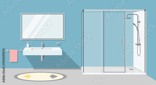 Modern bathroom sink and shower interior.