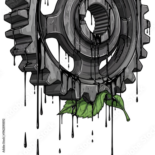 Gear and Nature Illustration - Industrial Decay with Plant Growth and Dripping Black Substance Digital Art Design