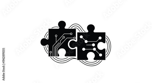 Two interlocking puzzle pieces feature integrated circuit board traces symbolizing digital integration and technological solutions.